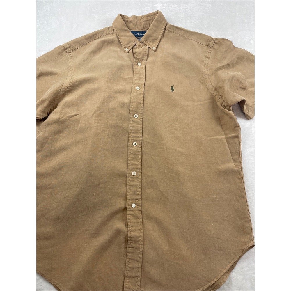 Ralph Lauren Mens Linen Silk Shirt Short Sleeve Classic Fit Tan Khaki Large L
